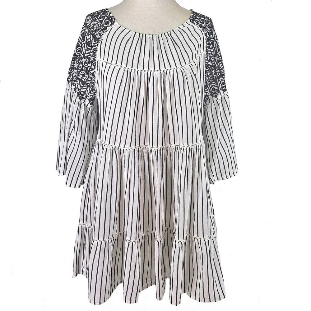 Free People White Black Lola Embroidered Mini babydoll Boho tunic Beach L